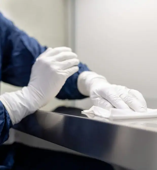 Desinfektionsreinigung in Ulm Wischdesinfektion einer Oberfläche mit Handschuhen